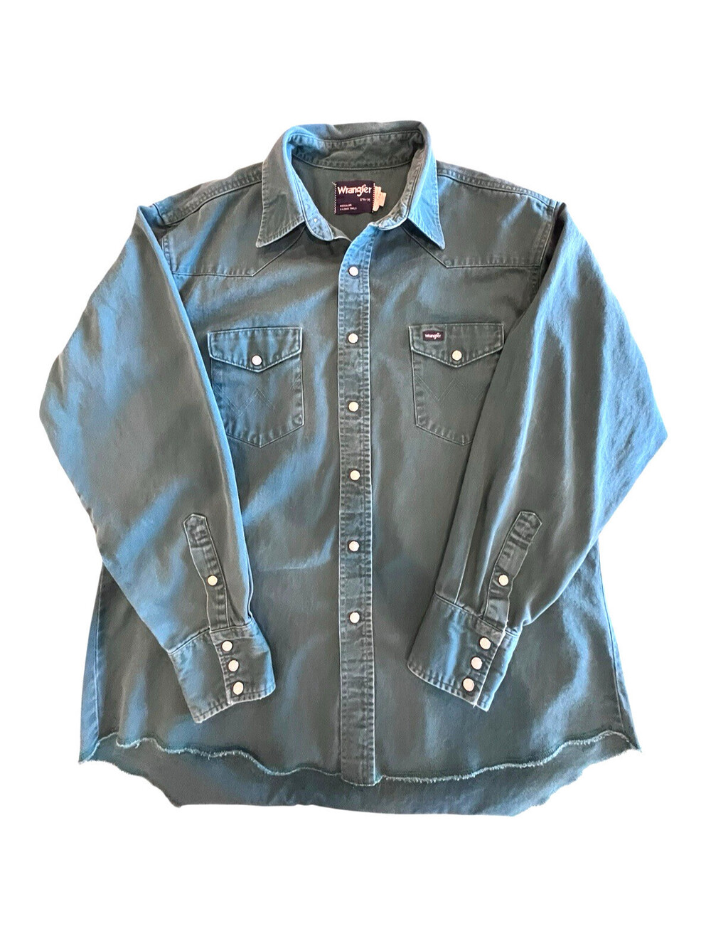 Wrangler Pearl Snap Shirt Mens XL 17 1/2 - 35 Green Western Heavy Canvas 3147.34